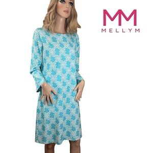 Melly M Dress Pretty Turquoise Pattern Long Sleeve Straight Cut Made in USA NWOT